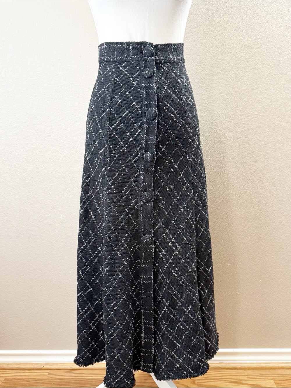 Zara Black Tweed A-Line Maxi fringe Skirt with Silver Check